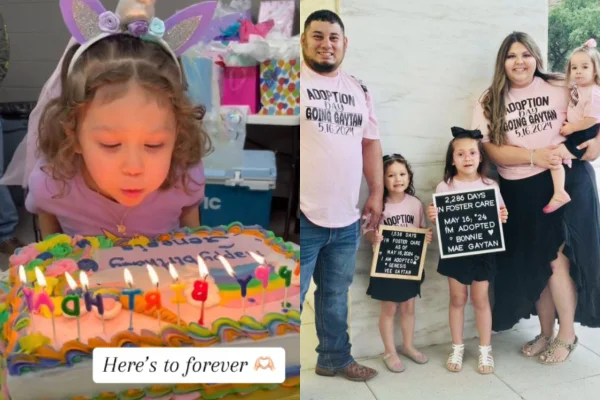 montagem de uma foto de uma menina celebrando aniversário e uma família reunida