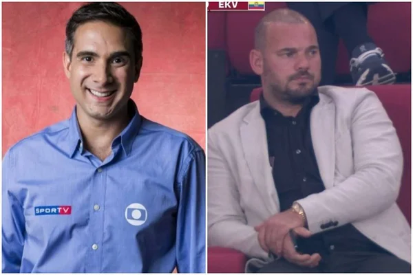 Montagem com o narrador da Globo, Gustavo Villani, e o ex-jogador Wesley Sneijder - Metrópoles