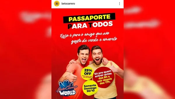 Promoção do Beto Carrero no Instagram direcionada para petistas e que os incentiva a irem no dia do segundo turno para o parque e não votarem - Metrópoles