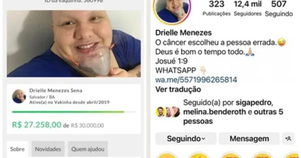 Montagem com fotos coloridas retiradas do perfil da rede social da mulher câncer - Metrópoles