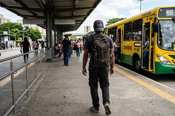 Imagem ilustrativa de um homem com mochila perto de ônibus - Metrópoles