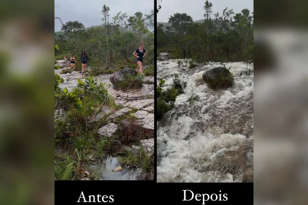 Montagem colorida da mesma trilha antes e depois de alagamento na chapada - Metrópoles