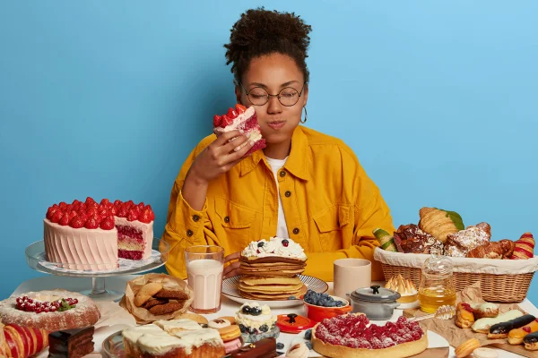 Foto colorida de mulher sentada atrás de uma mesa com muitas comidas, segurando um pedaço enorme de bolo com as mãos -Metrópoles.