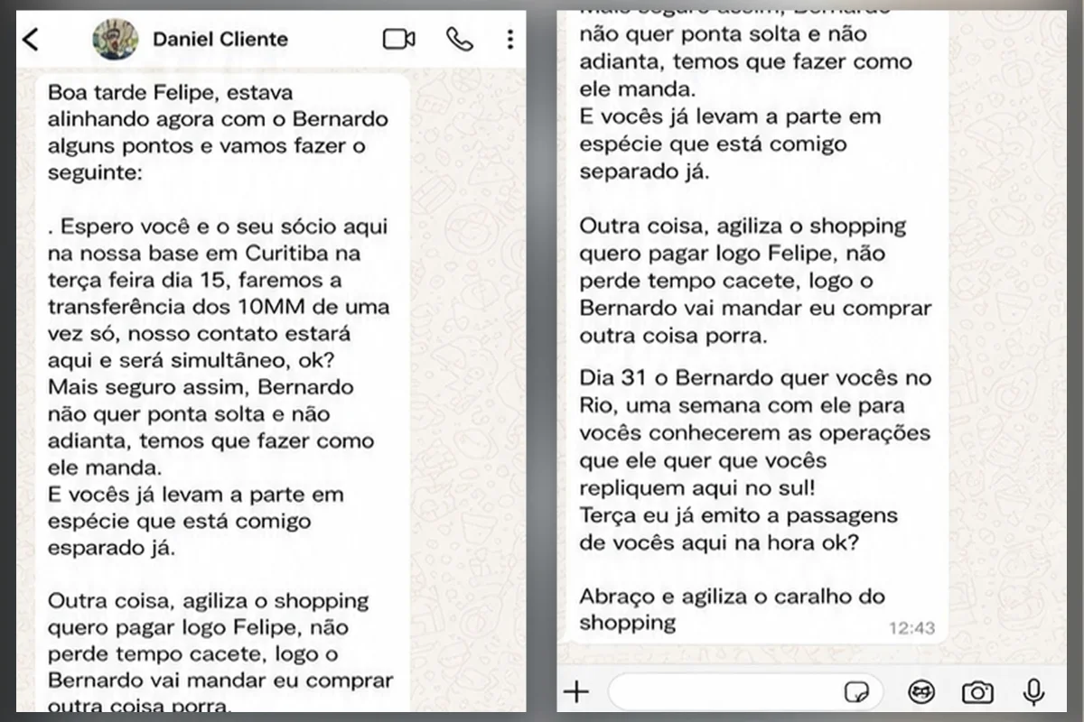 Mensagens trocadas entre o operador de Bernardo Bello e um dos empresários. O operador utilizava dois aparelhos celulares Mensagens trocadas entre o operador de Bernardo Bello e um dos empresários. O operador utilizava dois aparelhos celulares