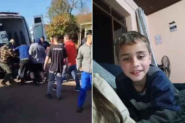 Montagem com fotos coloridas de adolescente sendo imobilizado pela população ao lado de foto do menino Vitor André Kungel Gambirazi, de 9 anos, morto no ataque - Metrópoles