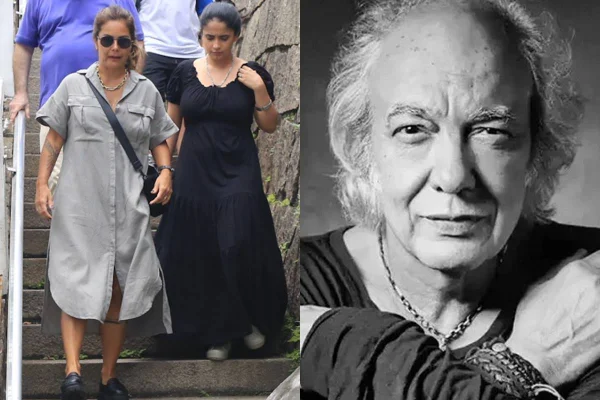 montagem com uma foto de erasmo carlos em preto e branco a direita e uma de duas mulheres descendo escada a esquerda - metrópoles