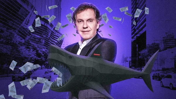 Ilustração de um tubarão cercado de doláres sobre foto do empresário João Appolinário, dono da Polishop
