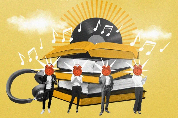 Na imagem colorida em fundo amarelo, pessoas têm cabeças de relógios e mexem no celular, enquanto livros na parte de trás ilustram a imagem - Metrópoles