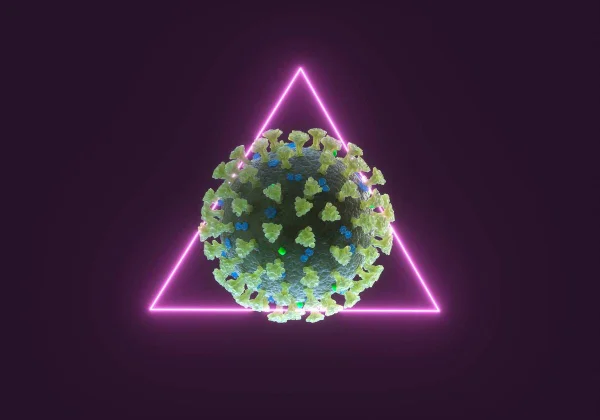 Arte mostra um modelo do vírus da COVID-19 em sua variante Deltacron com um trianângulo rosa neon ao fundo - Metrópoles