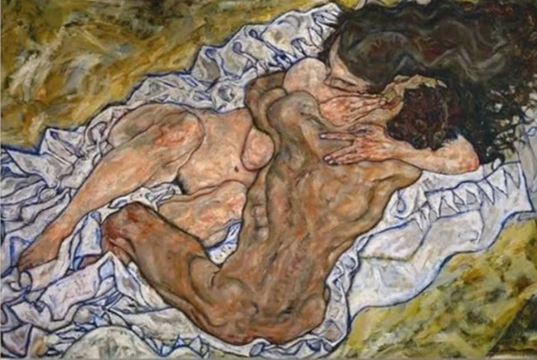 Imagem colorida do quadro Abraço, obra de Egon Schiele, 1917 - Metrópoles