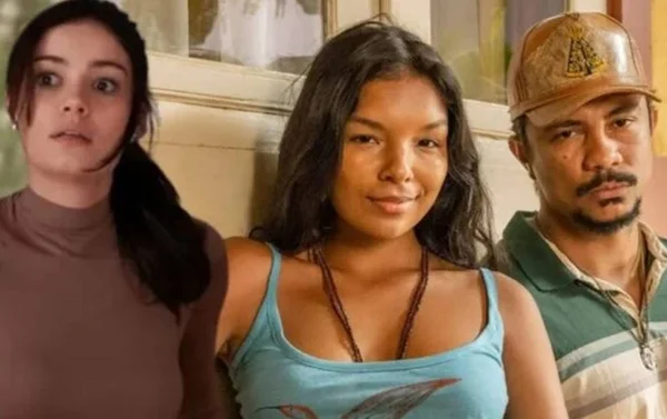 Montagem com cenas coloridas da novela Renascer