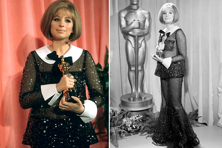 Barbra Streisend escolheu um modelo com calças transparentes do estilista canadense Arnold Scaasi para receber seu Oscar em 1969 Barbra Streisend escolheu um modelo com calças transparentes do estilista canadense Arnold Scaasi para receber seu Oscar em 1969