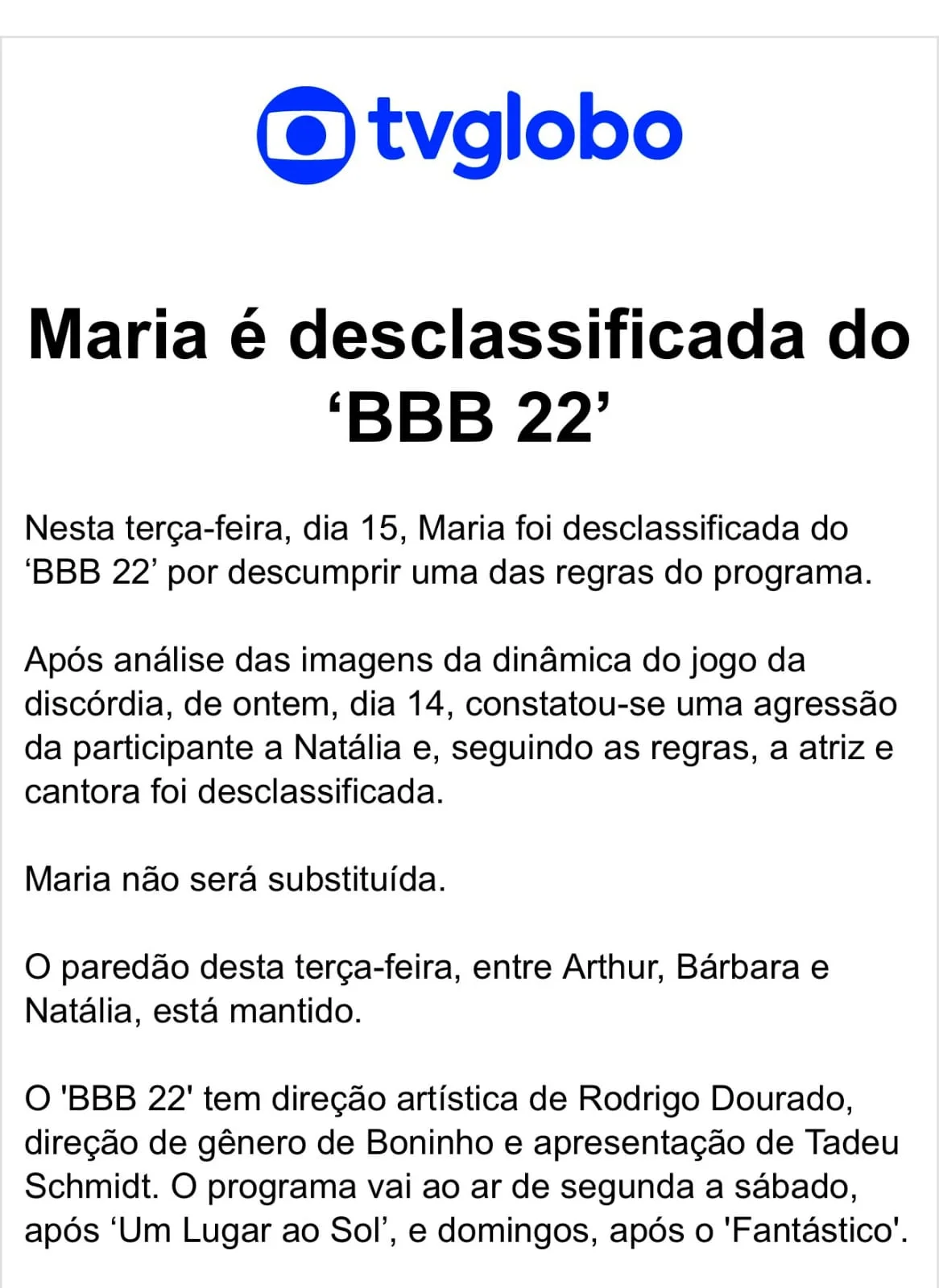 Nota da Globo na íntegra Nota da Globo na íntegra