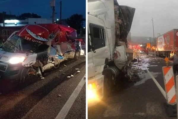 Duas imagens coloridas lado a lado mostra Acidente com ambulância e carreta em Santa Catarina - Metrópoles