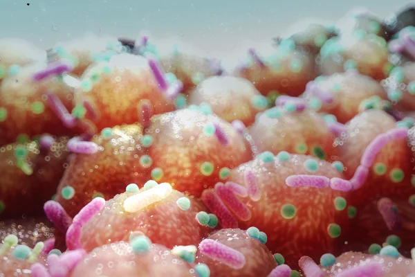 Ilustração colorida de bactérias intestinais, com formas esticadas e cores amarelo e rosa claro - Metrópoles.