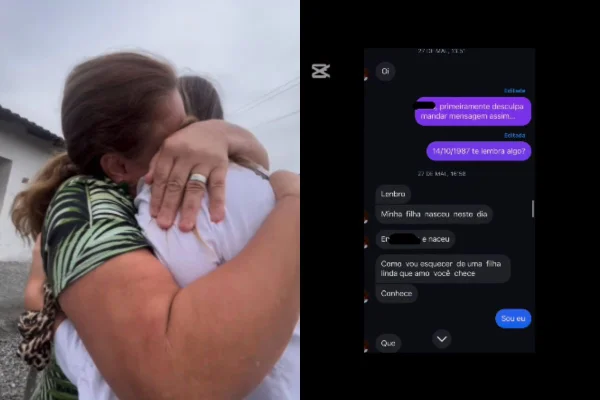 Foto colorida de duas pessoas se abraçando e um print - Metrópoles