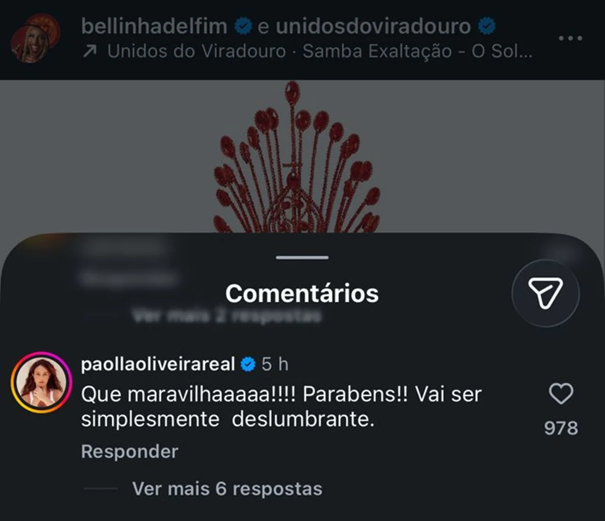 Paolla Oliveira comemora coroação de Bellinha Delfim para a Viradouro Paolla Oliveira comemora coroação de Bellinha Delfim para a Viradouro
