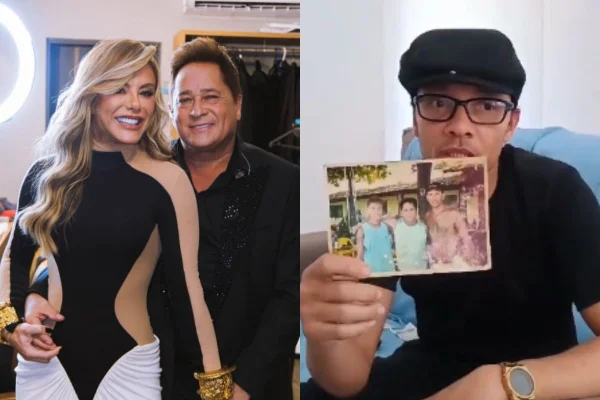Poliana Rocha e Leonardo ao lado de foto de João Dias