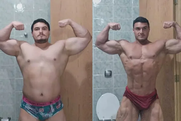 O fisiculturista Luiz Cleiton, namorado de Rebeca Andrade, posa no espelho antes e depois de emagrecer 33 kg - Metrópoles