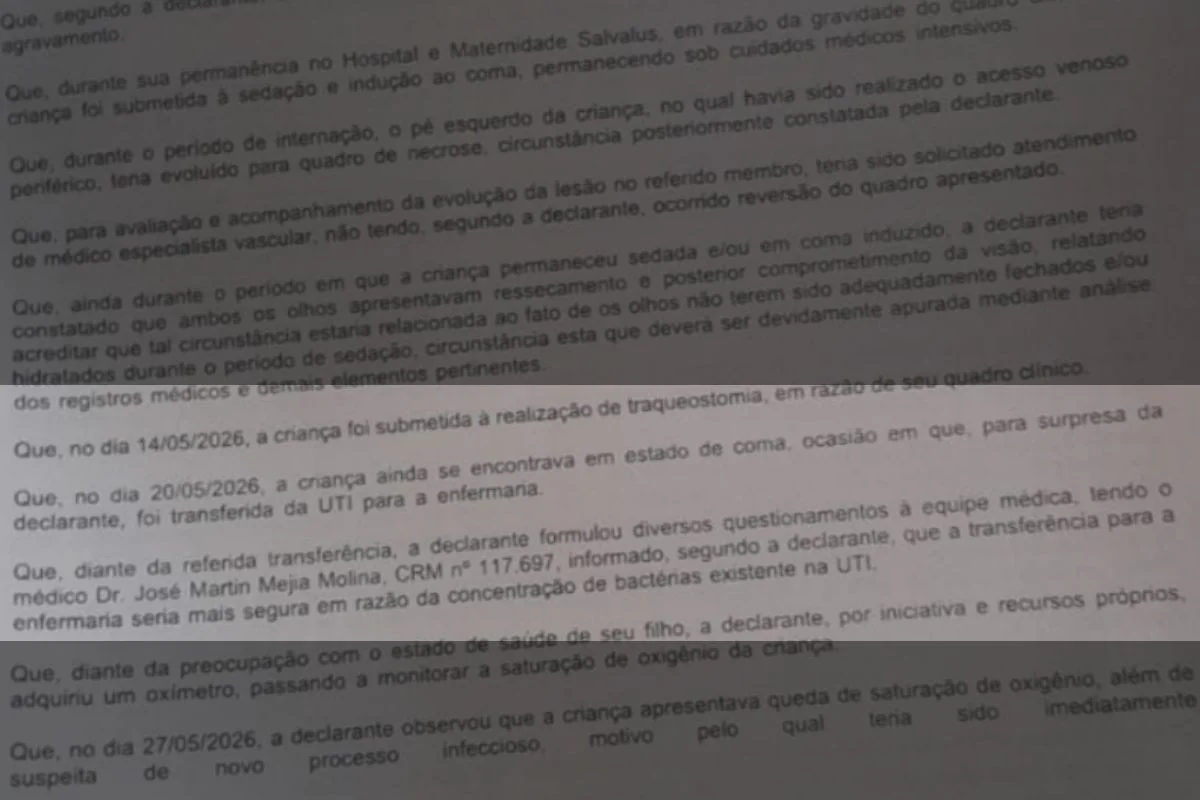 Boletim de ocorrência em que mãe de Gael denuncia suposta negligência médica Boletim de ocorrência em que mãe de Gael denuncia suposta negligência médica