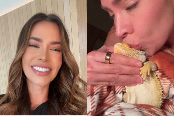 Montagem de imagens mostra a ex-BBB Adriana Sant’Anna (à esquerda) e ela beijando o lagarto da família (à direita) - Metrópoles