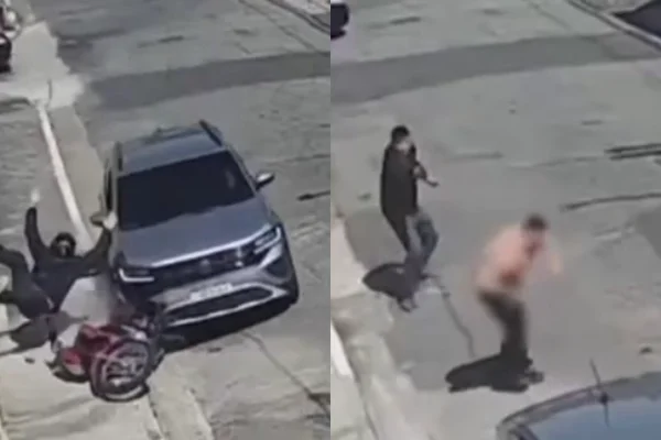 Imagem colorida de montagem com carro atropelando ladrão e o mesmo ladrão atirando em homem. Metrópoles