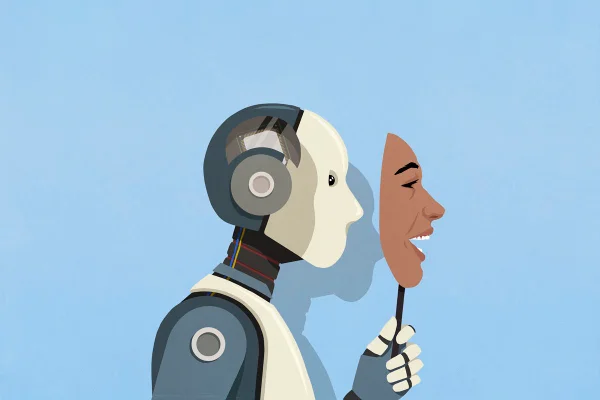 ilustração de um robô utilizando máscara que imita o rosto de uma pessoa. - Metrópoles