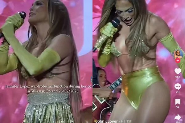 montagem colorida de Jennifer Lopez perdendo a saia no show
