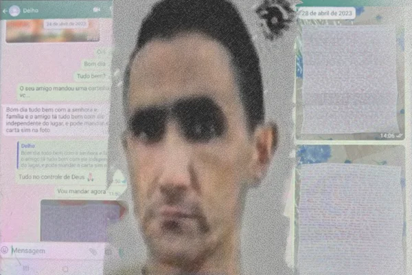 Reprodução de conversa de WhatsApp com foto em destaque, na extrema direita, acima, de busto de homem branco com roupa de amarela de presídio - Metrópoles