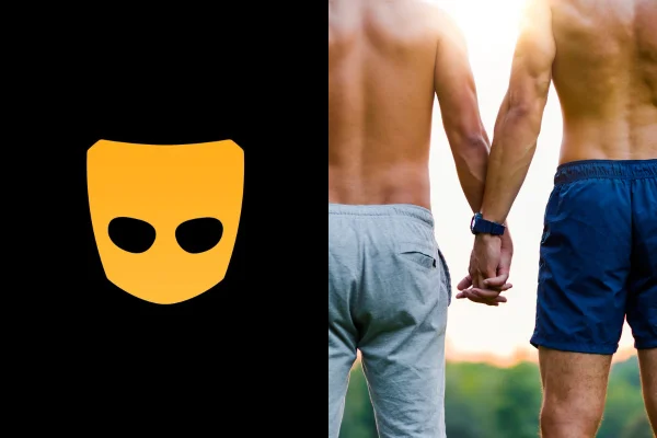 Imagem do simbolo do Grindr e dois homens de mãos dada | Olimpíadas | Metrópoles