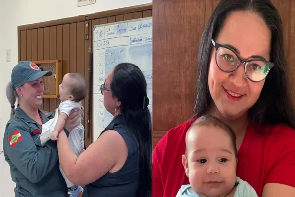 À direita encontro da família mãe com a bombeira. À esquerda
