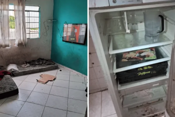 Imagens coloridas da casa onde as crianças foram encontradas. A casa tem paredes pintadas de verde água, pisos brancos e lixo espalhado - Metrópoles