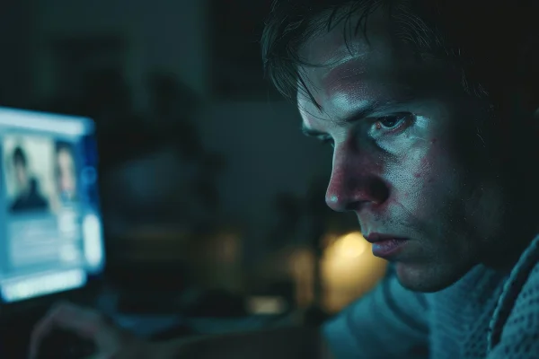 Imagem realista feita com IA, de um homem com luz de tela sobre o rosco e um computador ligado ao fundo, em abiente escuro - Metrópoles.