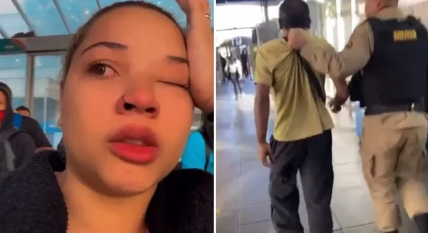montagem com fotos coloridas. ao lado direito, vítima de importunação sexual chora após o ocorrido, ao lado esquerdo o autor do crime é preso por policiais