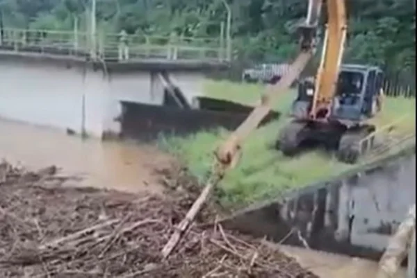 Remoção de galhos e árvores na ETA Mambu-Branco, em Itanhaém: problema tem afetado o abastecimento de água em cidades da Baixada Santista - Metrópoles