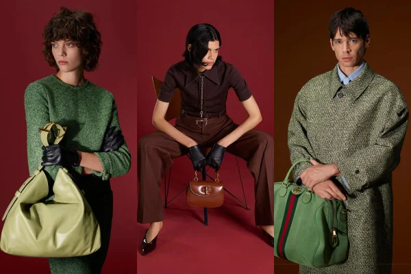 A imagem consiste em uma montagem com três modelos posando para a campanha da Gucci - Metrópoles