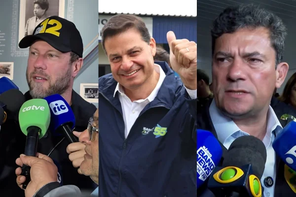 foto colorida dos candidatos Requião Filho, Sandro Alex e Sérgio Moro - metrópoles