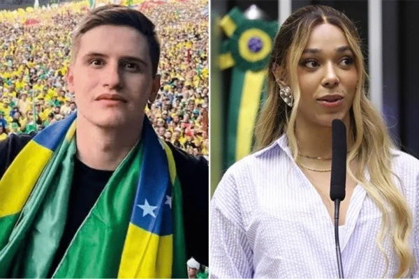 Imagem colorida mostra Lucas Pavanato e Erika Hilton. Metrópoles