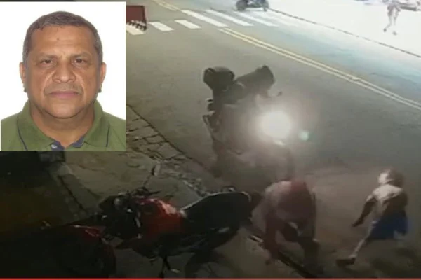 Imagem colorida de câmera de monitoramento de moto acelerando e homem tropeçando em rua. Na lateral, retrato de homem de meia idade, pardo, sem barba e cabelo curto - Metrópoles