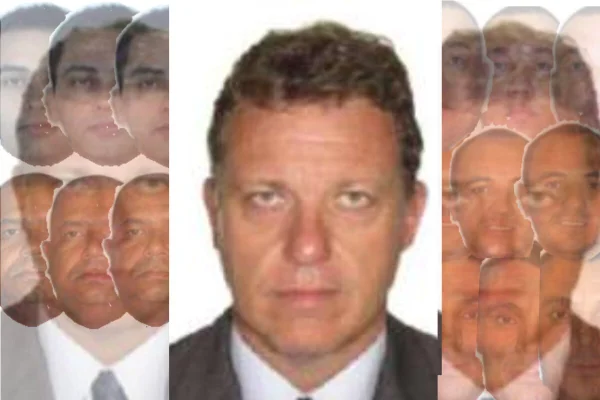 Arte gráfica com rosto de homem brnco, de cabelos curtos, ao centro, margeado por rostos menores de homens - Metrópoles