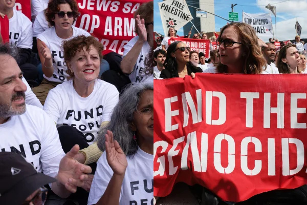 Susan Sarandon e Hannah Einbinder em protesto nos EUA - Metrópoles