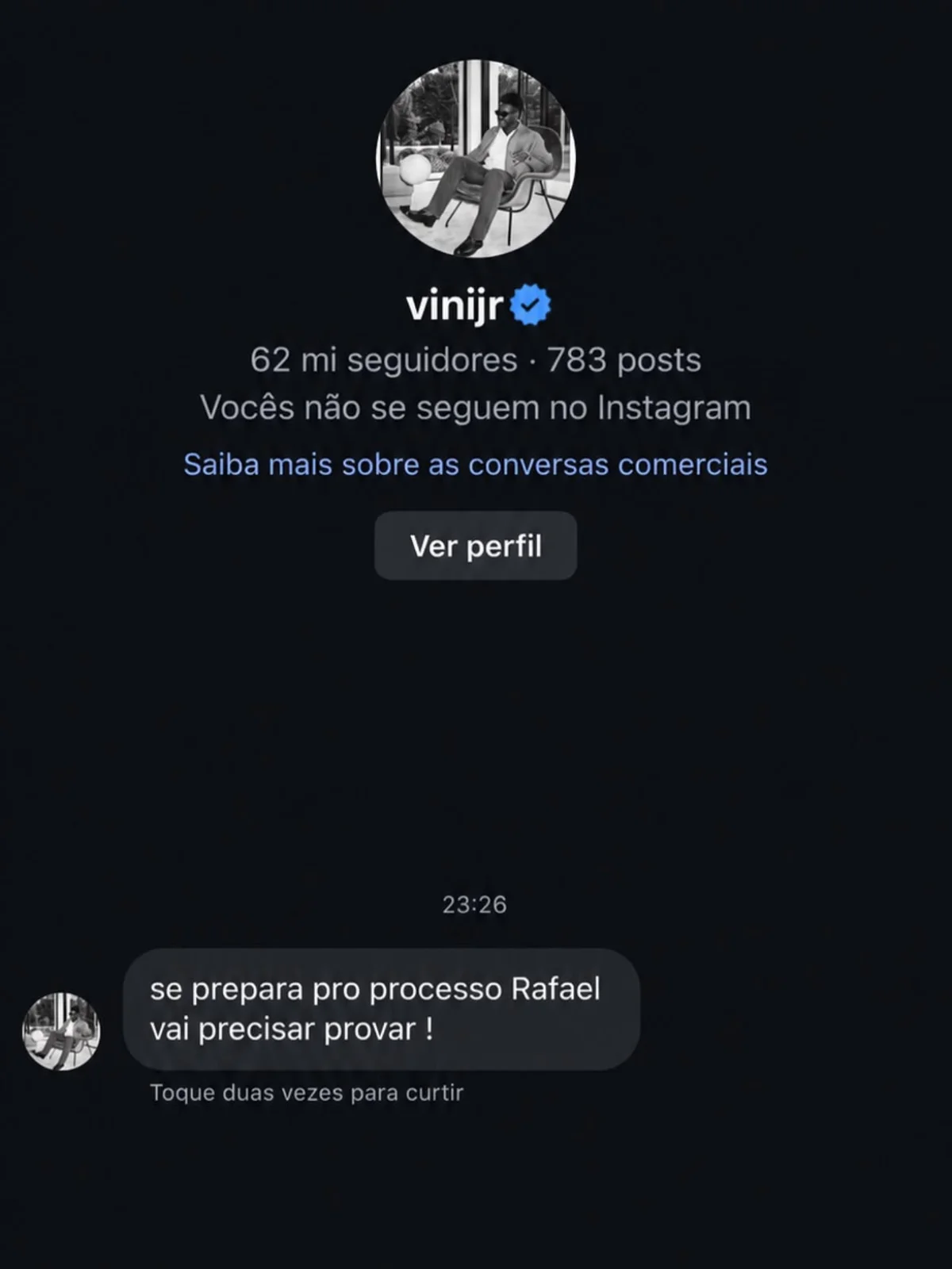 Influenciador expôs suposta mensagem enviada por Vini Jr. Influenciador expôs suposta mensagem enviada por Vini Jr.