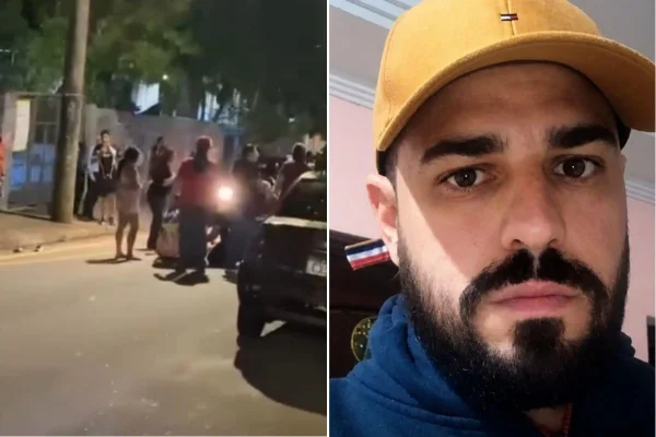 Montagem colorida mostrando local em que homem foi baleado (à esquerda) e foto da vítima André Mancini de Souza, de 36 anos.