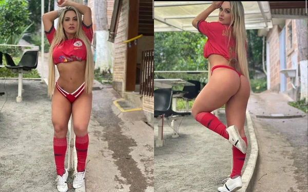 Modelo sexy que foi expulsa de supermercado "por preconceito de ser gostosa" posa em fotos justapostas num cenário aberto, usando roupas justas e curtas em vermelho. Ela é branca e tem um cabelo longo, liso e loiro - Metrópoles