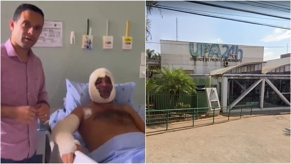 Montagem de um homem ferido e hospitalizado e a fachada de uma UPA em Passos (MG) - Metrópoles
