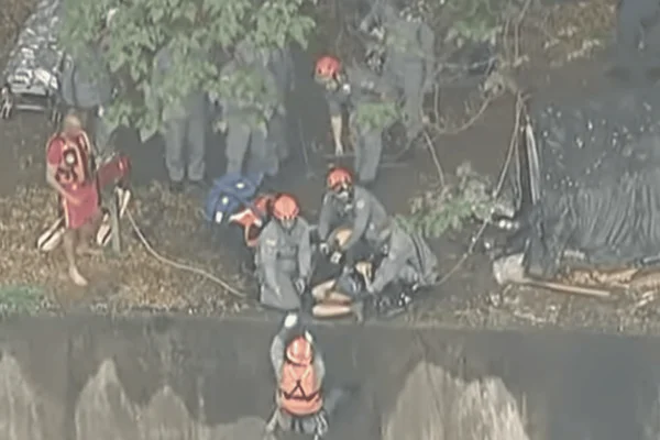 Imagem colorida da ação dos bombeiros para salvar uma mulher que caiu no Rio Tamanduateí - Metrópoles