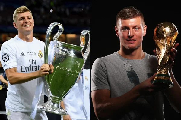 Toni Kroos com troféus de Copa do Mundo e Champions League - Metrópoles