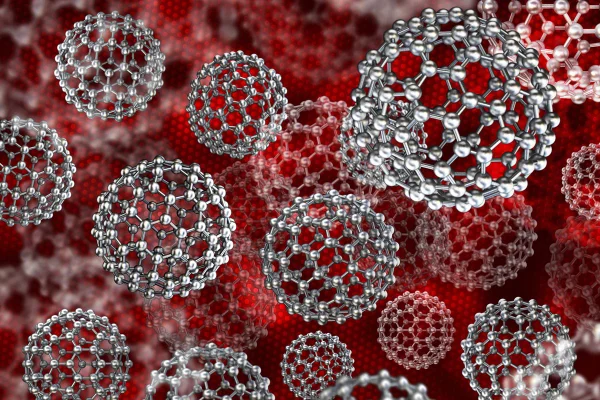 Contexto abstrato de nanotecnologia com modelos tridimensionais de moléculas de prata. Sobre fundo vermelho. Metrópoles