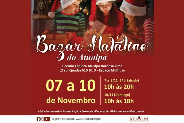O Grêmio Espírita Atualpa Barbosa Lima realiza até o próximo domingo, 10 de novembro, seu tradicional Bazar Natalino, com o objetivo de arrecadar recursos para beneficiar os assistidos e albergados da Casa. Esses indivíduos, provenientes de outros estados, encontram abrigo enquanto passam por tratamento médico no Hospital Sarah Kubitschek.
