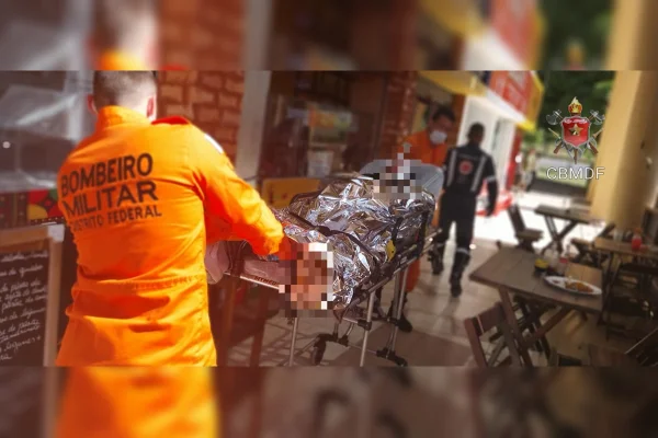 Imagem colorida de um bombeiro empurrando uma pessoa em uma maca